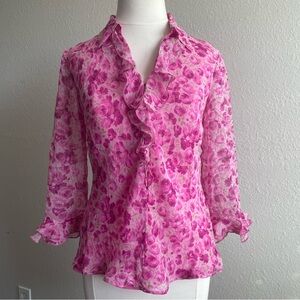 Y2K Silk Floral Pink Ruffle Blouse